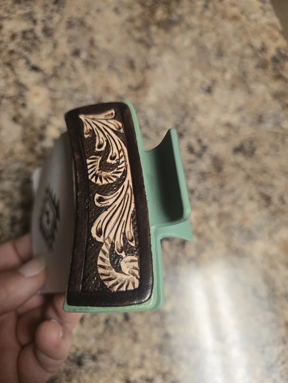 Leather Tooled Hair Claw Clip - Green with Brown Tooled Accent